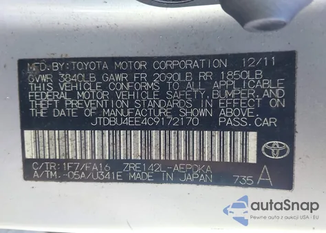 2012 Toyota Corolla L z USA, uszkodzony, nr VIN JTDBU4EE4C9172170